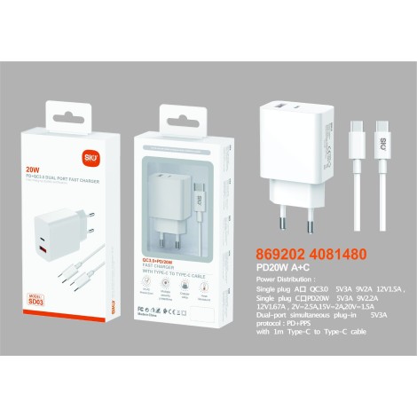 SIO SD03 CARGADOR COMPLETO PD20W QC3.0 CON CABLE C-C