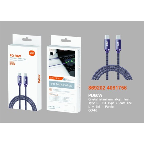 SIO SC24 CABLE TYPE-C A TYPE-C 1M PD 60W