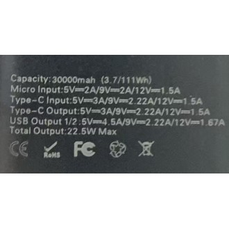 30000 mah POWER BANK USB LED 22.5W